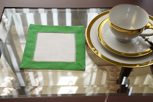 White Hemstitch Cocktail Napkin 6" with Kelly Green border